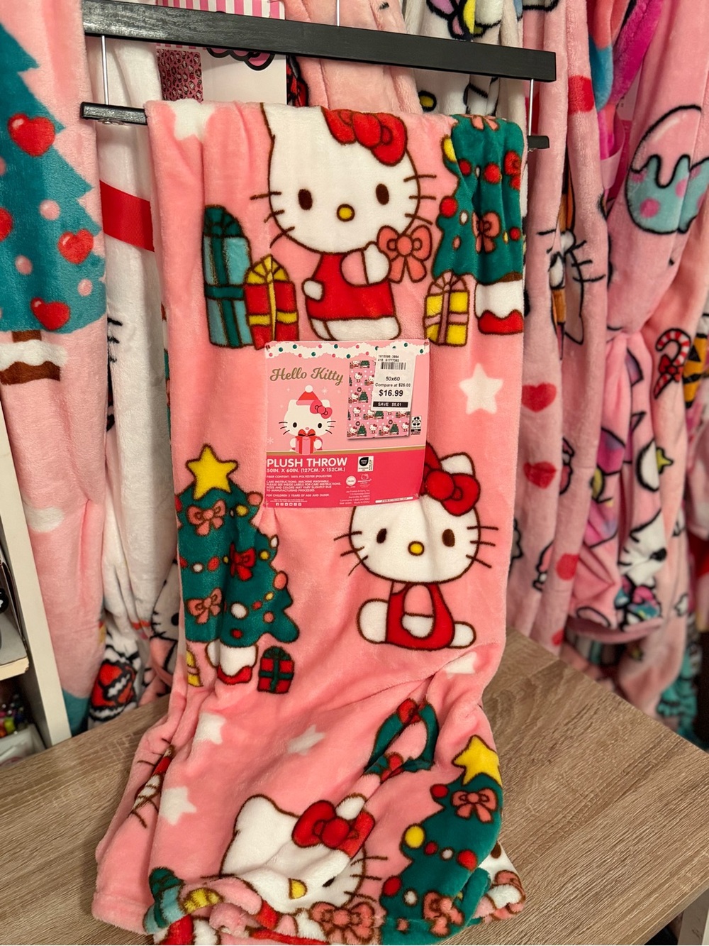 Hello Kitty Pink Plush Throw Blanket with Holiday Print